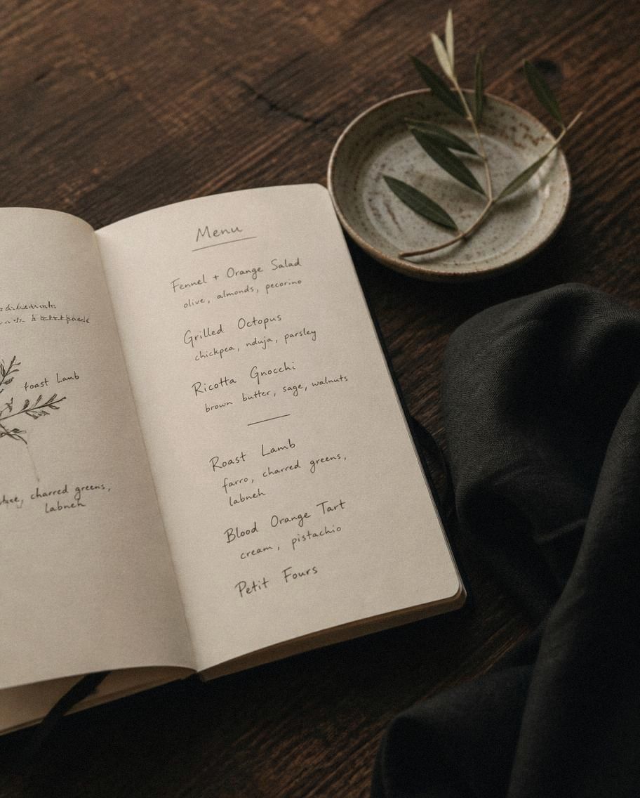 Open sketchbook with a handwritten menu draft beside an olive branch on a dark wood table