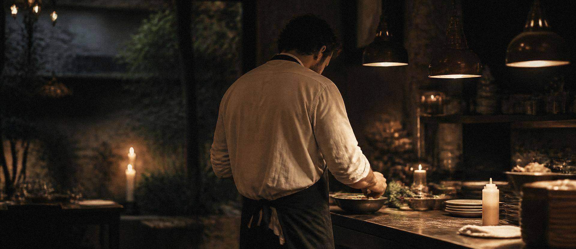 An Italian chef in a matte black apron seen from behind at a dark wood counter in a candlelit kitchen at dusk