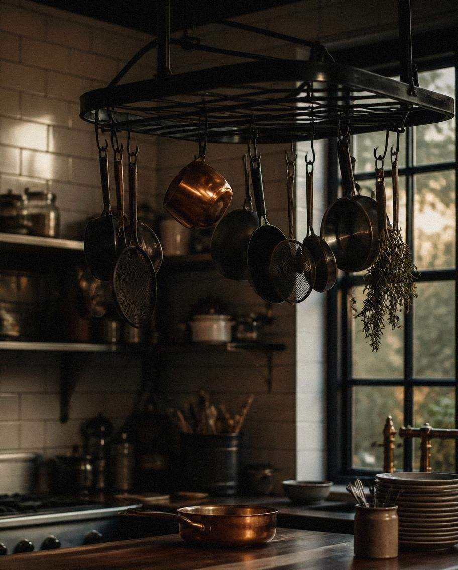 Matte black pot rack with copper pans hanging above a warm-lit kitchen counter