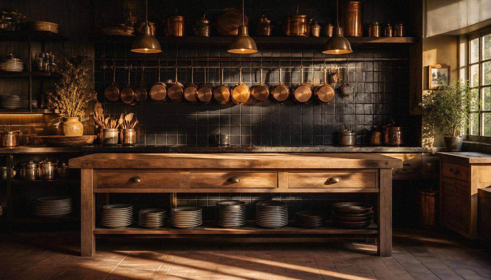 Empty Mediterranean kitchen line with a wooden work station and hanging copper pots