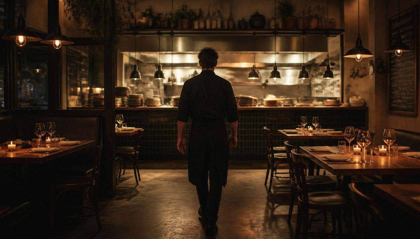 A chef in a black apron seen from behind walking through a candlelit dining room toward the pass