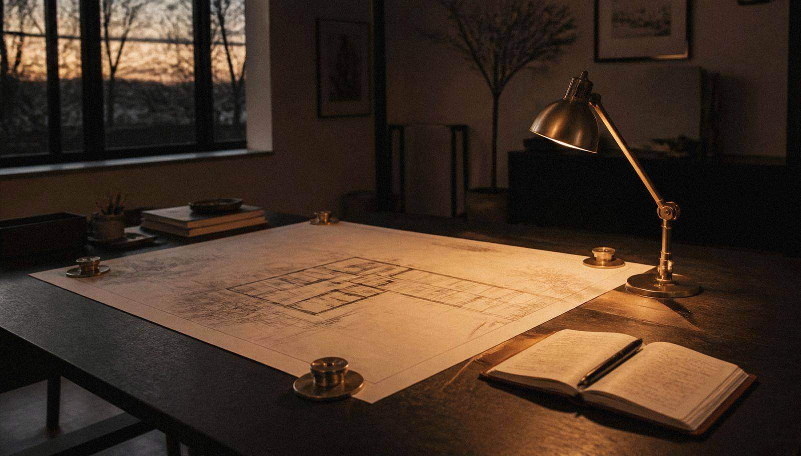 Architectural drawing weighted with brass paperweights under a lit desk lamp at dusk